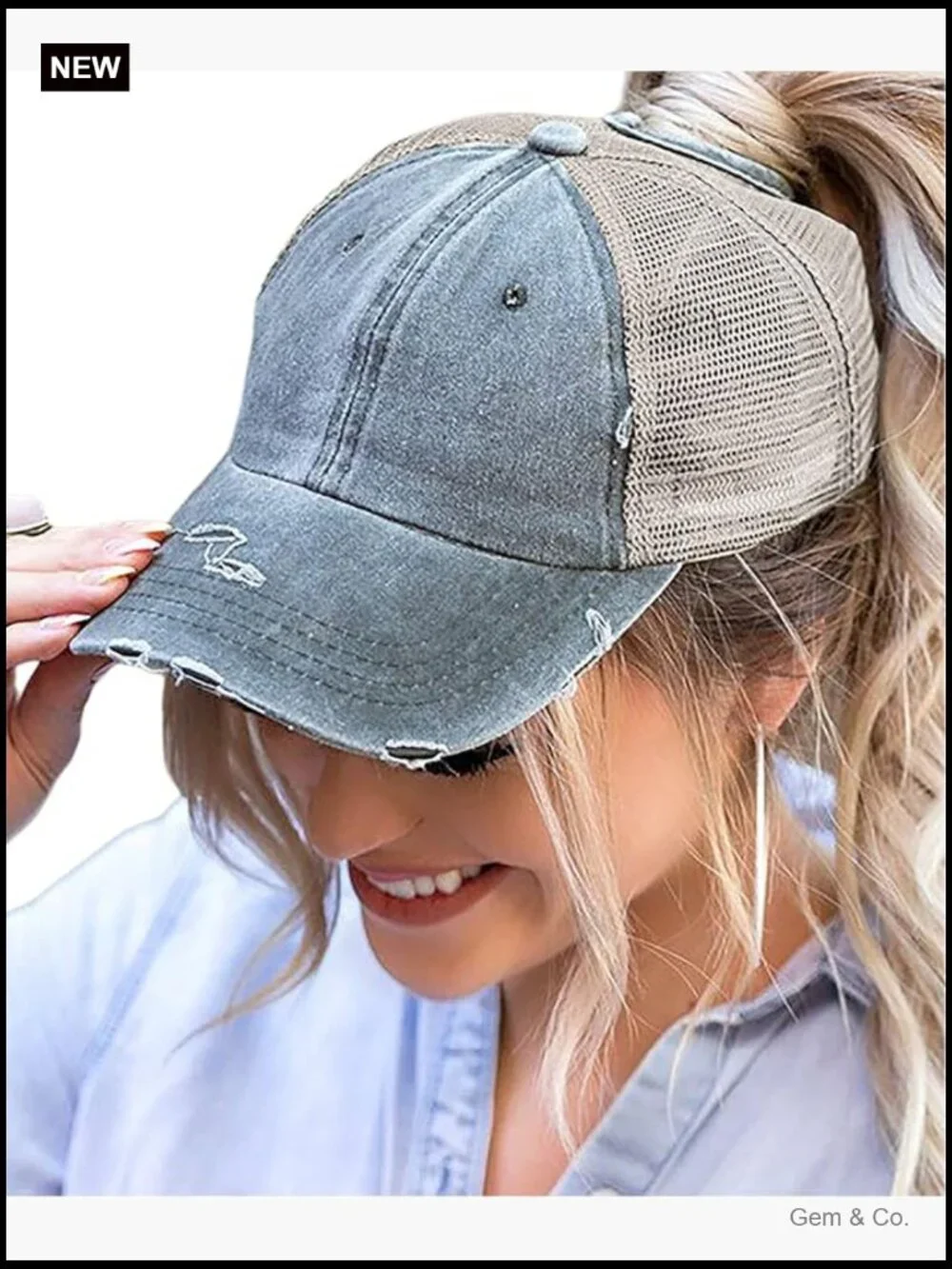 Women's Distressed Ponytail Baseball Cap Messy-Bun Hat Adjustable Mesh Back